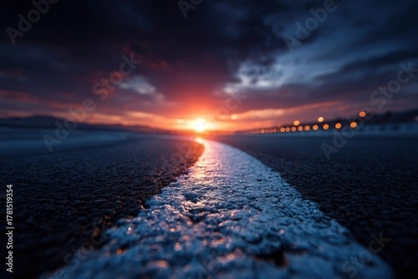 Fototapeta Eye-level view of road at twilight featuring a vibrant sunset and blurred city lights, creating