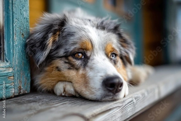 Fototapeta Close-up portrait of a beautiful Australian Shepherd resting its head on weathered wood, creating a