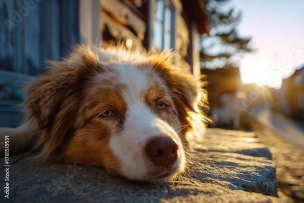 Fototapeta A tired dog rests on a stone porch as the sun sets, creating a warm and peaceful scene with soft,
