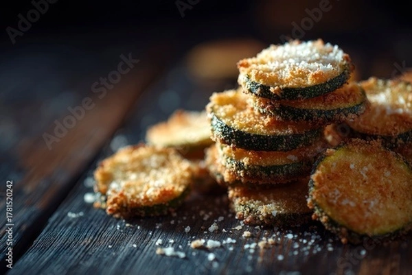 Fototapeta A stack of golden-brown, crispy zucchini chips with a light sprinkle of seasoning resting on a