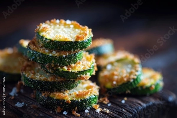 Fototapeta A delicious stack of golden, crispy fried zucchini slices, showcasing a healthy appetizer or side