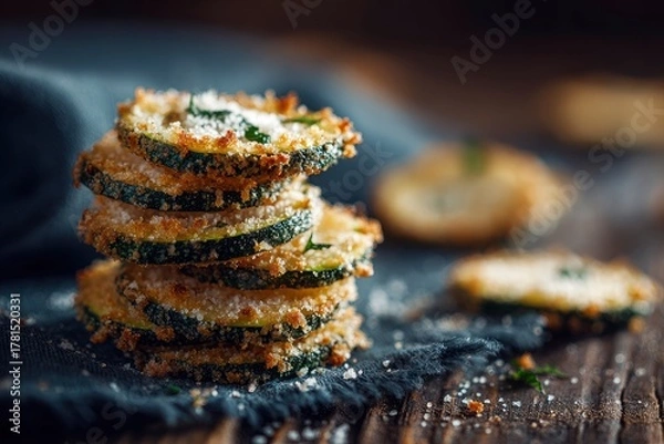 Fototapeta Stacked, fried zucchini slices dusted with cheese create an inviting, rustic culinary presentation.