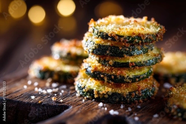 Fototapeta Close-up view of a stack of golden, crispy, breaded and fried zucchini slices, presented on a