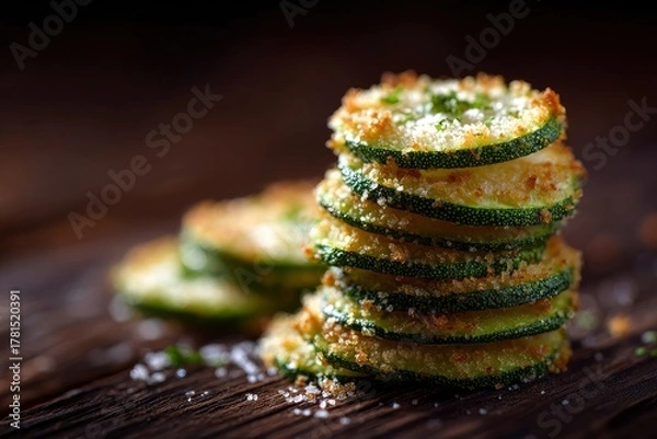 Fototapeta A stack of crispy zucchini fritters are beautifully arranged on rustic wooden surface, offering a