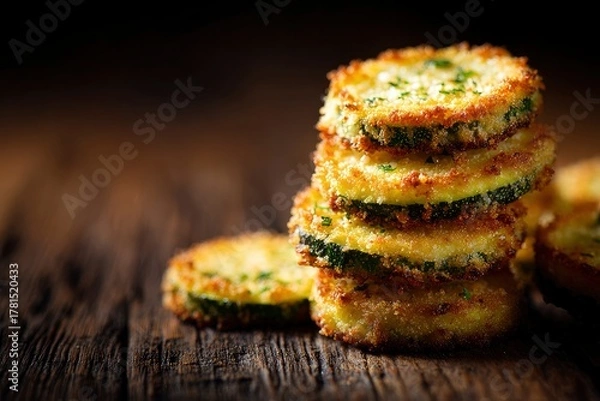 Fototapeta Stack of appetizing crispy fried zucchini rounds, garnished with fresh herbs, resting on rustic