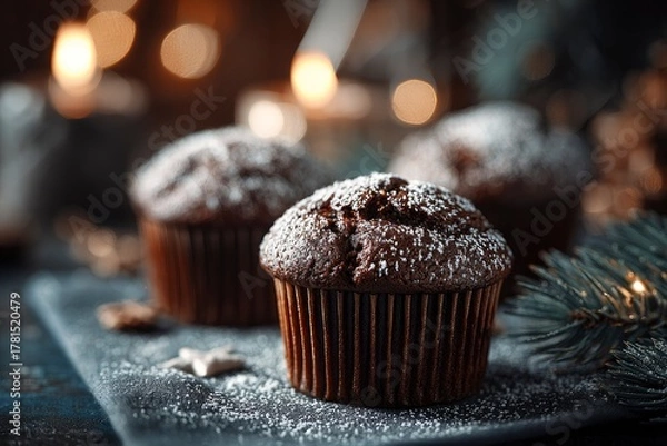 Fototapeta Delicious chocolate muffins dusted with powdered sugar are displayed on a dark surface, creating a