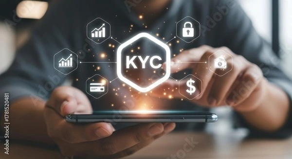 Obraz Mobile KYC Verification: Hand Holding Smartphone with Glowing KYC Hexagon Surrounded by Finance and Security Icons for Customer Identification and Digital Compliance