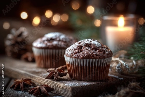 Fototapeta Two dark chocolate muffins dusted with icing sugar set a cozy, warm, and inviting mood with star