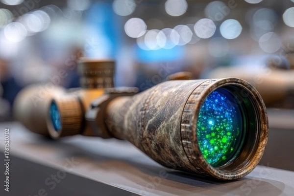 Fototapeta Camouflaged optical instrument features brilliant blue and green lens with bokeh background,