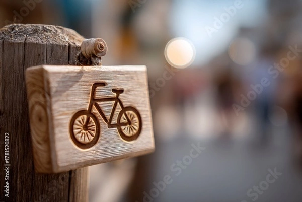 Fototapeta Rustic wooden signpost featuring a carved bicycle symbol for cycling routes and outdoor navigation.