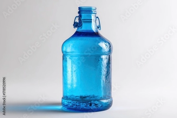 Fototapeta Brilliant blue glass bottle with a swing top closure sits on a stark white surface casting shadows.