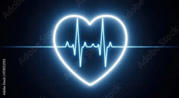 Obraz Digital Heart Rate Monitor: Glowing Blue Heart Icon with EKG Pulse Line for Health Technology, Cardiac Care, and Medical Diagnostics