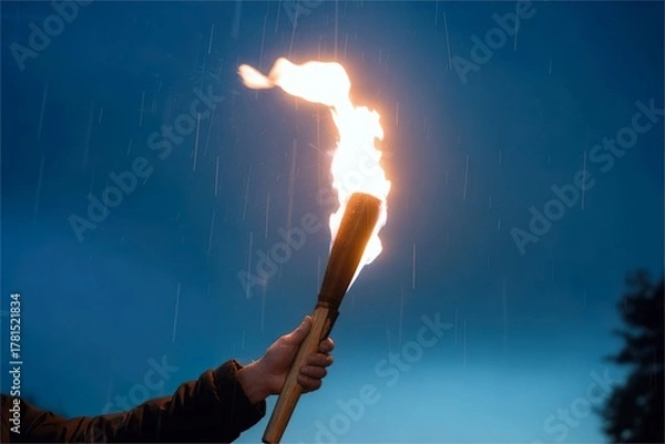 Fototapeta hand hold burning torch in rain. Hope and determination