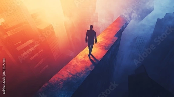 Fototapeta A solitary figure walks along a brightly lit path between dark imposing canyon walls bathed in a surreal gradient of warm orange and cool blue light symbolizing a journey of hope and discovery