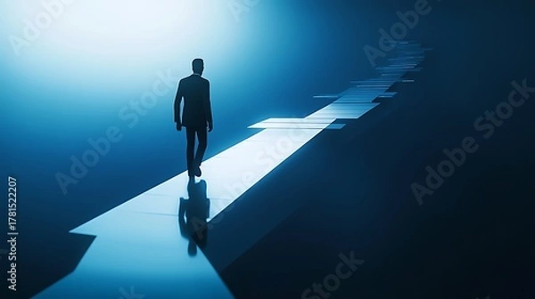 Fototapeta A solitary figure walks forward on a glowing arrow path towards a bright light symbolizing hope future and the journey of success and ambition