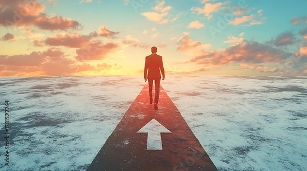 Fototapeta A solitary robot stands on a path of light with an upward arrow walking towards a vibrant sunset over a vast ocean symbolizing progress and the future of artificial intelligence