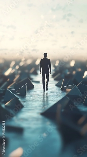 Fototapeta A lone businessman in a suit walks through a surreal landscape of abstract shapes and shimmering water symbolizing a journey of discovery and the unknown future