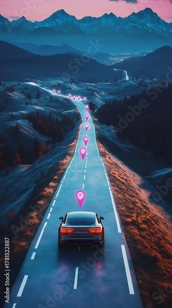 Fototapeta Futuristic electric sports car drives on a winding mountain road at dusk with glowing pink heart shaped lights illuminating the path forward
