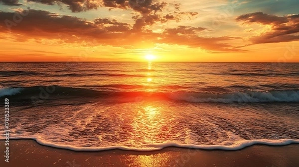 Fototapeta Golden sunset over the ocean with gentle waves lapping on a sandy beach reflecting the warm colors of the sky and creating a serene breathtaking natural landscape
