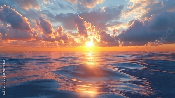 Fototapeta Vibrant sunset over the ocean with dramatic clouds and shimmering golden light reflecting on the rippling water surface creating a serene and breathtaking natural landscape