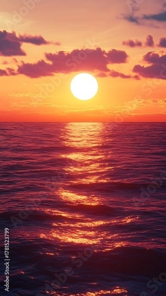 Fototapeta Vibrant sunset over a calm ocean with golden light reflecting on the rippling water and colorful clouds in the sky creating a serene and beautiful natural landscape