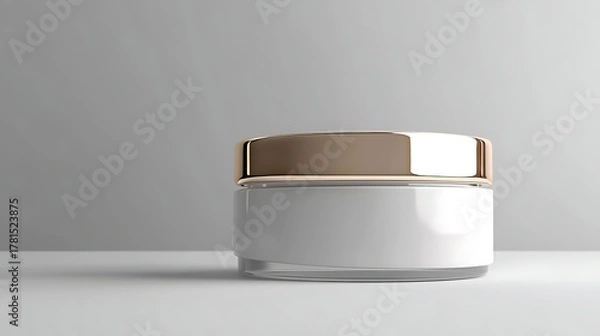 Fototapeta Elegant white cosmetic jar with a gold lid presented on a clean white surface with a soft gray background ideal for beauty product advertising and skincare branding