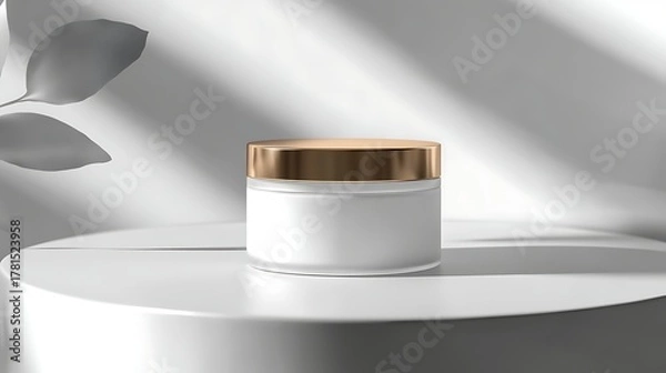 Fototapeta Minimalist product photography of a white cosmetic jar with a golden lid elegantly displayed on a white pedestal with soft shadows and a blurred plant leaf in the background
