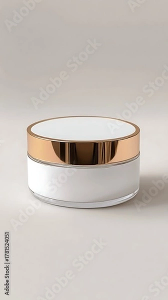 Fototapeta A luxurious and elegant white cosmetic powder compact with a gleaming gold lid presented on a neutral background for beauty and skincare product photography