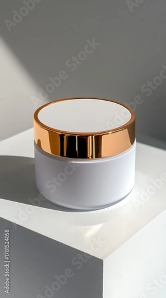 Fototapeta A minimalist studio product shot of a white cosmetic jar with a shiny rose gold lid presented on a clean white pedestal with soft shadows