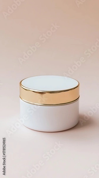 Fototapeta Elegant white ceramic round container with a delicate gold trim perfect for storing small precious items or as a decorative accent on a light wooden surface