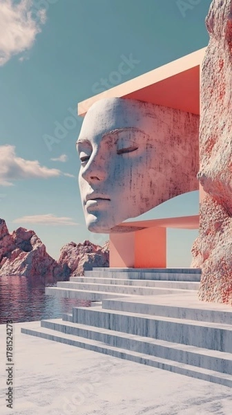 Fototapeta Surreal architectural structure featuring a colossal human face emerging from a building with a serene expression set against a pastel sky with clouds and a rocky landscape