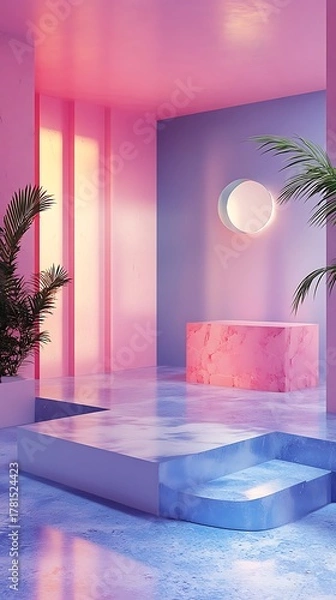 Fototapeta Dreamy pastel pink and blue abstract interior with water reflections and soft light creating a serene and ethereal atmosphere for product display or relaxation
