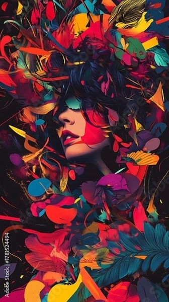 Fototapeta Abstract portrait of a woman s face emerging from a vibrant explosion of colorful organic shapes and textures evoking a sense of creativity and imagination