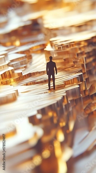 Fototapeta A lone miniature robot figure stands on a vast abstract landscape of glowing golden and white lines suggesting a digital or futuristic journey