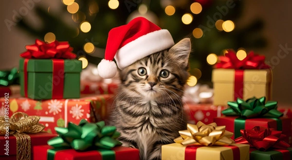 Fototapeta Cat wearing hat of santa and gift spread around isolated image