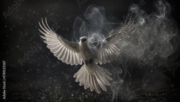 Fototapeta White dove rising from smoke in dark background, surreal fine art photography symbolizing freedom, rebirth and spirit