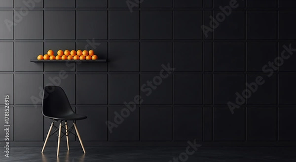 Fototapeta Modern Minimalist Interior Design with Oranges on a Shelf and a Black Chair
