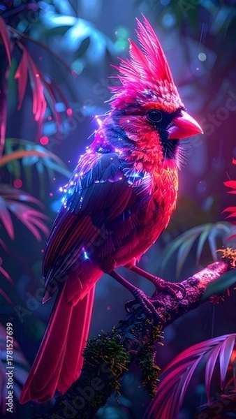 Fototapeta Neon Cardinal in a Tropical Rainforest A Vibrant Display of Nature and Technology