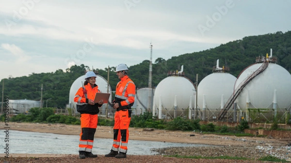 Fototapeta Two engineers in orange safety gear and hard hats stand on a coastline. They are using a laptop and radio to inspect large industrial gas tanks in the background.