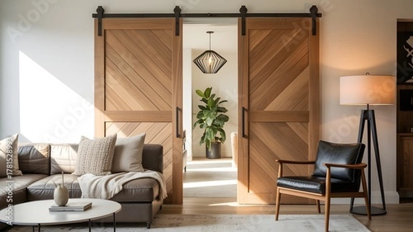 Obraz Spacious living room with a sectional sofa, sliding barn doors, and armchair daunh8sqte