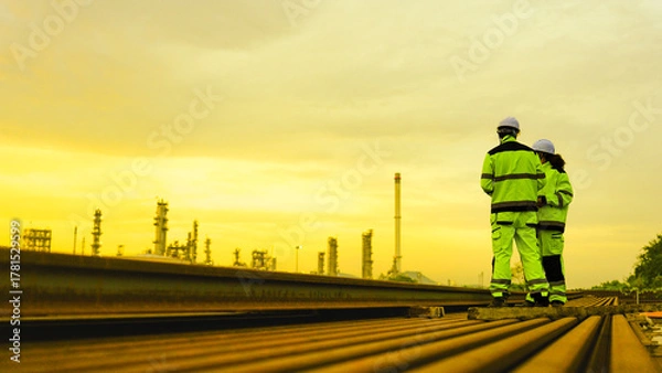 Fototapeta Energy professionals plan for the future at an industrial site. The team monitors operations at sunset, symbolizing sustainable growth and global infrastructure development.