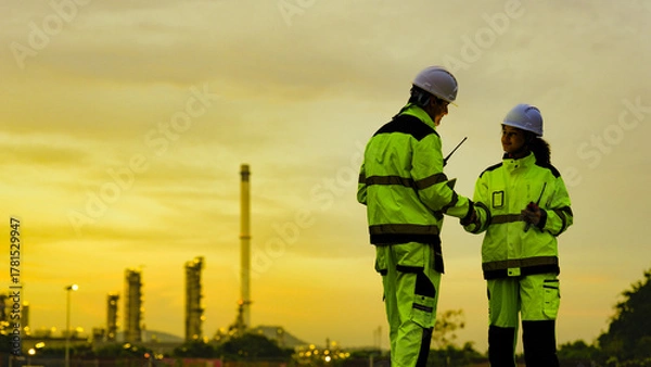 Fototapeta male and female engineer in high-vis gear and hard hats use a tablet. They are collaborating at an industrial factory or refinery site during a golden sunset.