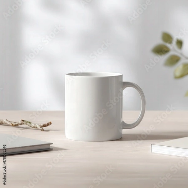 Obraz White mug with branch and books on wooden table