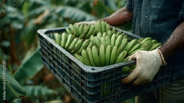 Obraz A farmer carrying crate filled with freshly harvested green bananas on a tropical plantation farm today.