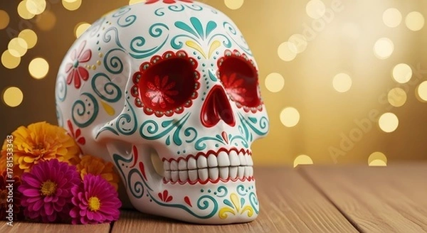 Obraz Colorful Sugar Skull Calavera with Flowers for Dia de los Muertos Celebration