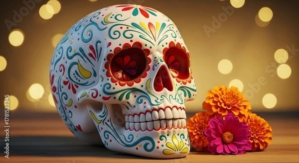 Obraz Decorated Calavera skull and colorful Cempas?chil flowers for a festive Day of the Dead celebration.