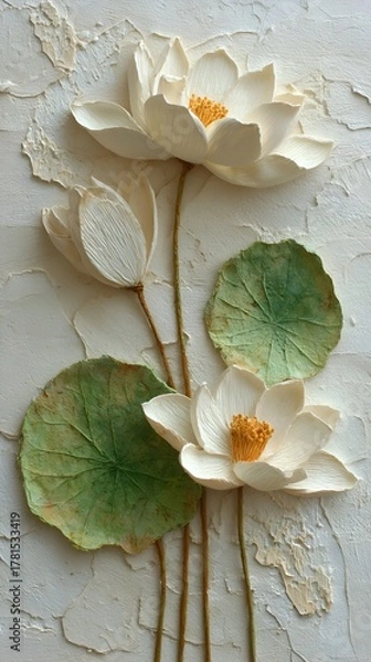 Obraz Three dimensional lotus flowers with textured petals and leaves in an elegant floral artistic composition.