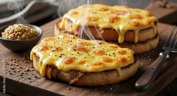Obraz Gourmet melted cheese toast with steam rising, seasoned with pepper, served hot on a rustic wooden board with mustard seeds and a fork.