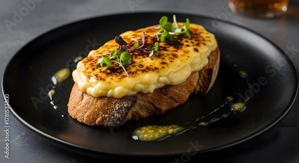 Obraz Gourmet Melted Cheese Toast with Golden Brown Top and Fresh Microgreens on a Black Plate