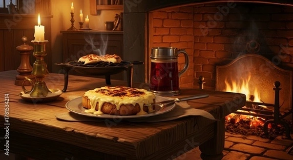 Obraz Rustic wooden table set with cheesy baked dish, grilled flatbreads, and a tankard of drink, illuminated by warm candlelight and a roaring fireplace in a cozy interior.